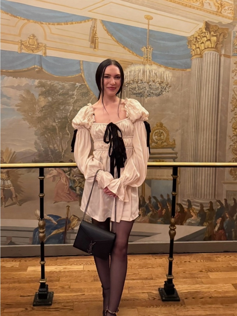 Rumored Macbeth Cream Puff-Sleeve Mini Dress with Black Ribbon